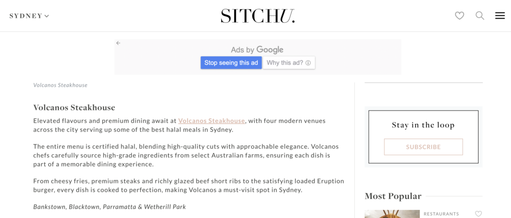Screenshot 2024 04 13 at 14.44.14 Featured on Sitchu: Volcanos Steakhouse Makes the List for The Best Halal Restaurants in Sydney