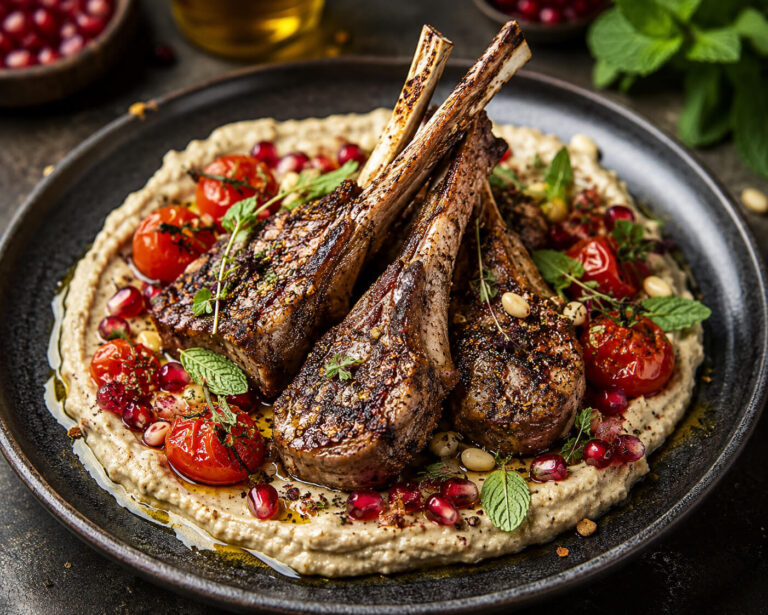 Mediterranean Lamb Cutlets with Charred Eggplant Purée & Pomegranate Recipe